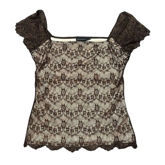 THE LIMITED Brown Shimmer Lace Overlay Cream Blouse Size M - Picture 1 of 8